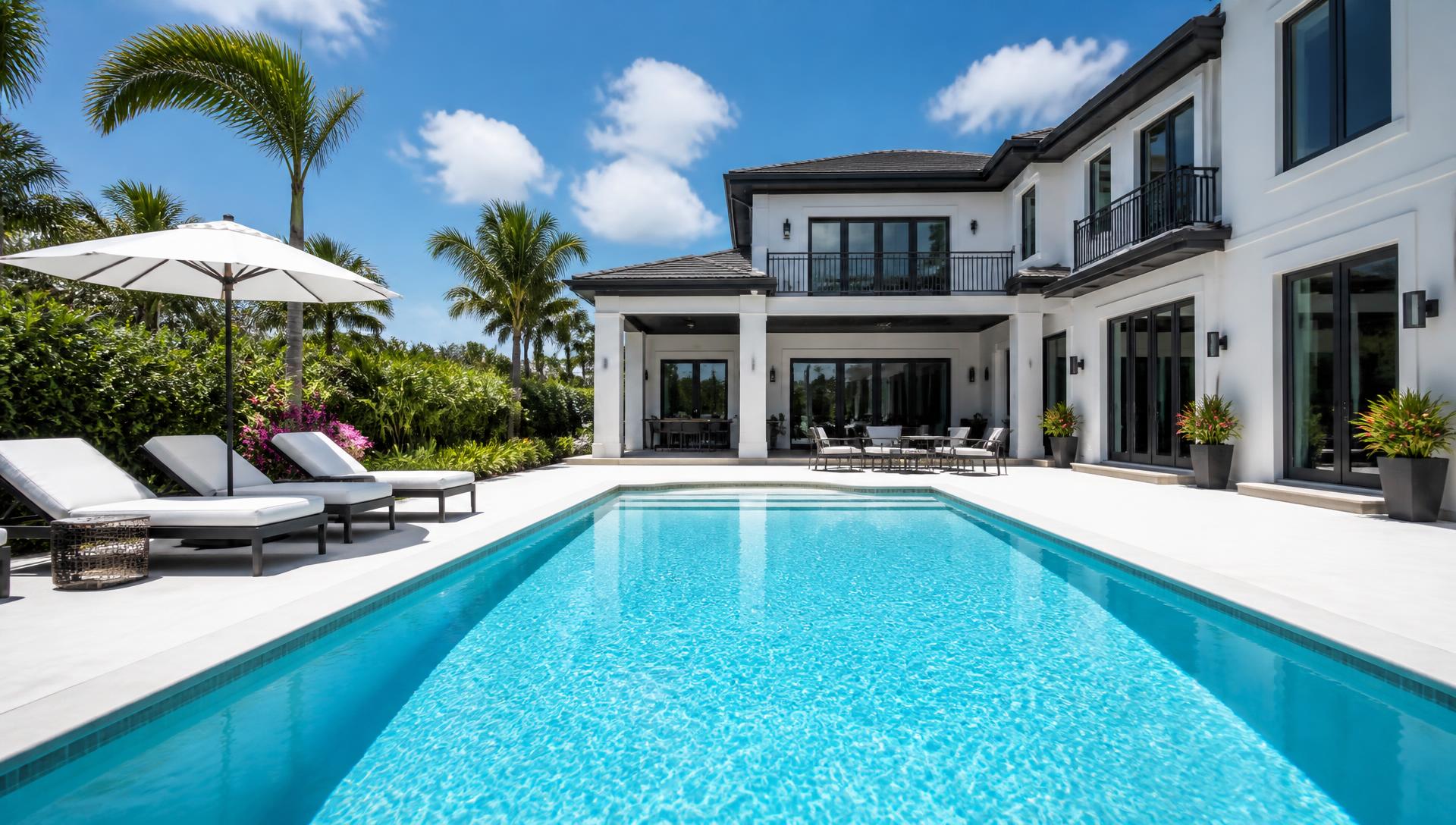 Sunlit backyard swimming pool with clear turquoise water beside a modern home